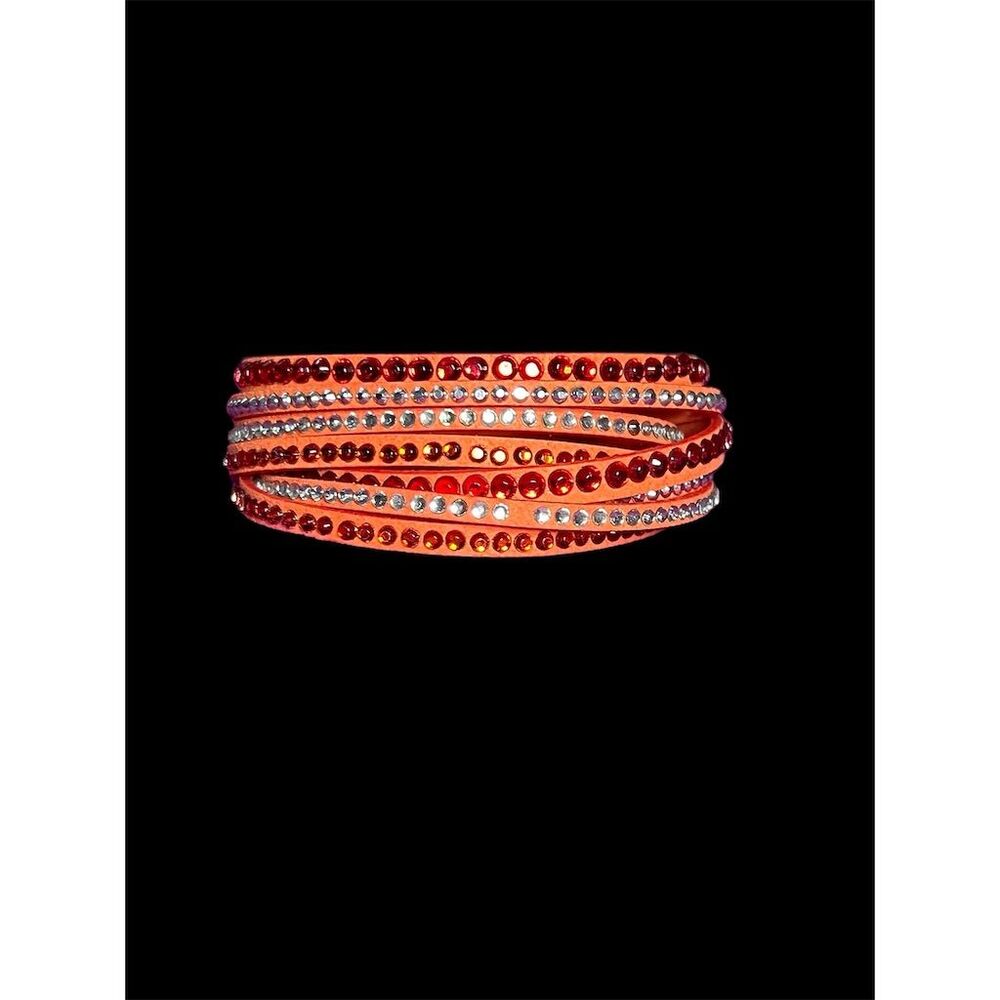 Women's Orange Leather Wrap Bracelet with Rhinestones Adjustable Snap Cl… - Picture 6 of 10